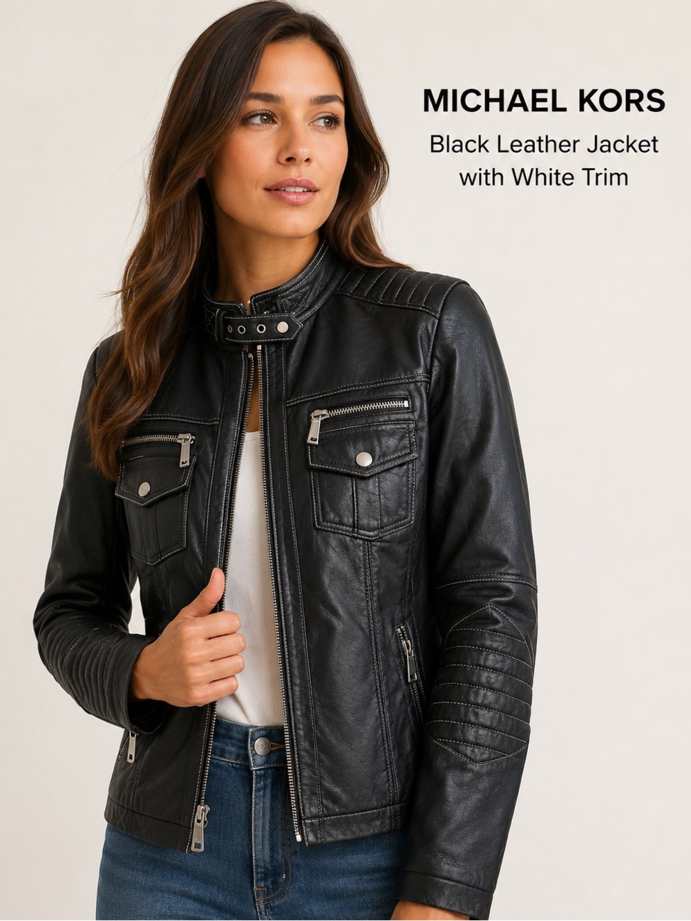 Michael Kors Black Leather Jacket with White Trim